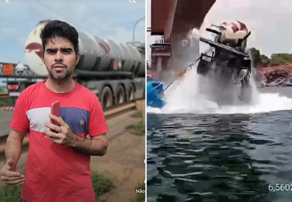 Vídeo mostra carreta emergindo do Rio Tocantins; veículo levava ácido sulfúrico durante desabamento da ponte entre TO e MA